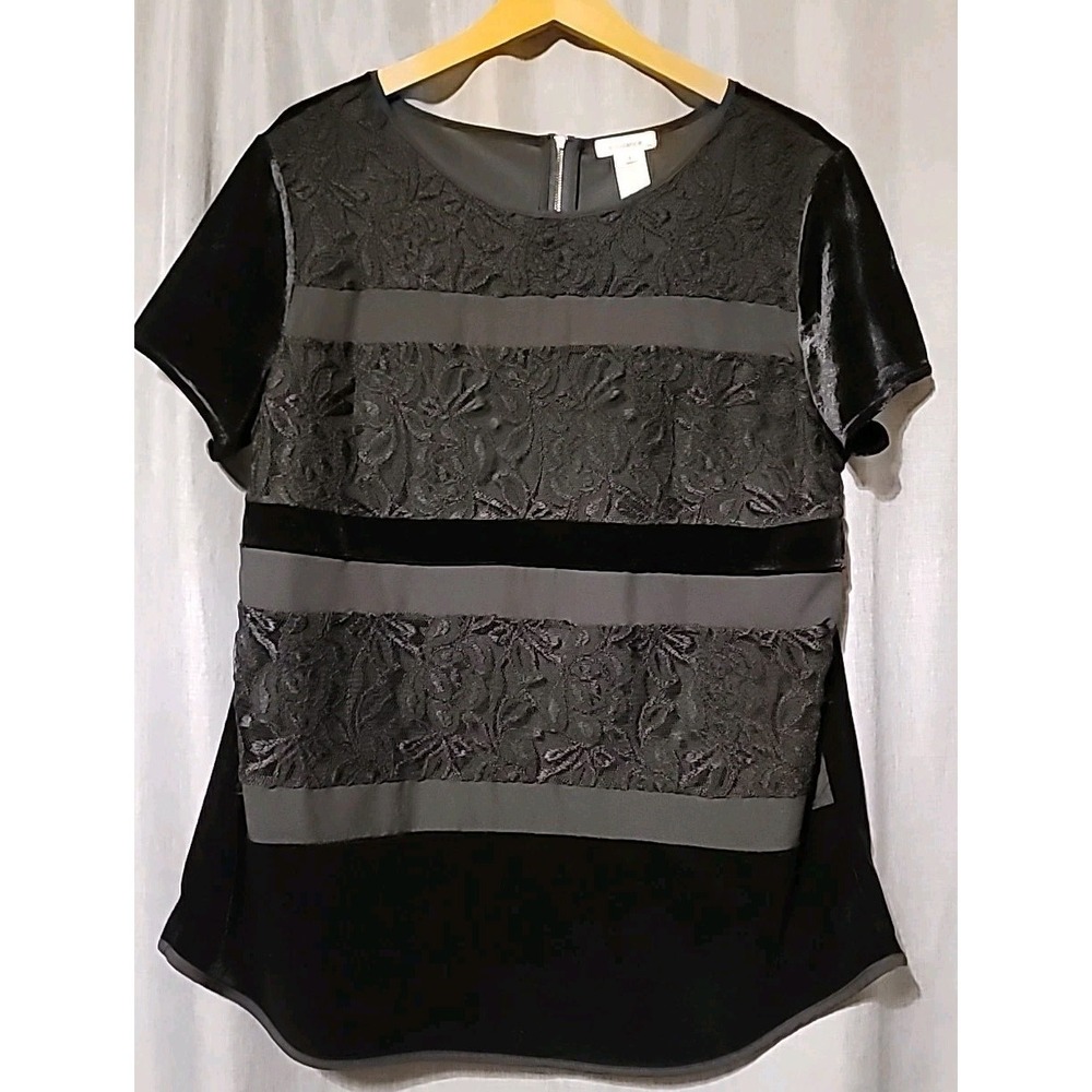 SUNDANCE Black Velour Velvet Lace Blouse Sz Lg Romantic Whimsygoth Dark Fairy